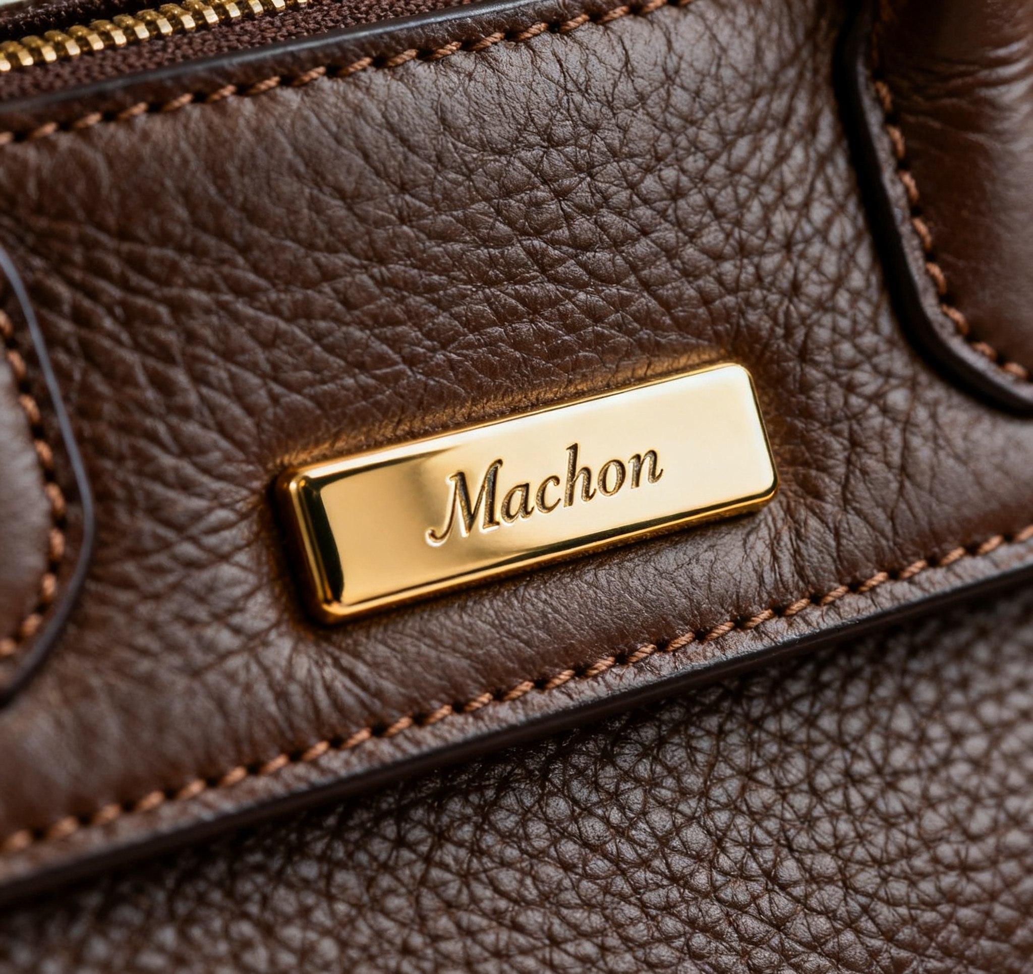 Metal plating name label attached to a luxury leather handbag.”